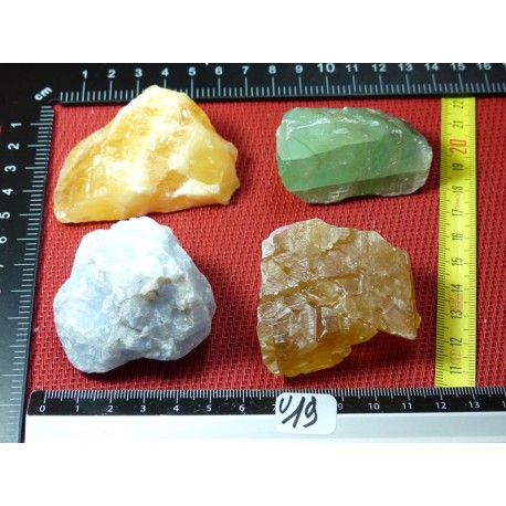 Calcite Orange, Verte, Bleue, Miel Lot de 4 Pierres Brutes 327g