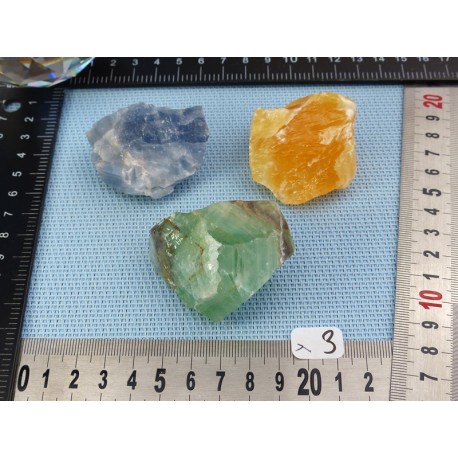 Calcite Orange, Verte, Bleue Lot de 3 Pierres Brutes 185g